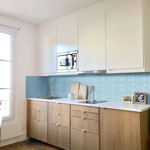Miniatura 44 de Adhesivos de vinilo para azulejos de pared autoadhesivos, calcomanías impermeables para decoración de cocina, baño, línea ondulada de abulón, 6 x 6