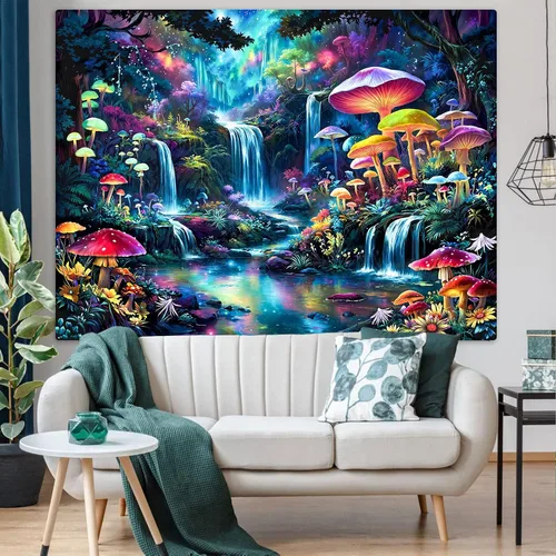 Miniatura 30 de Zussun Tapiz de hongo rojo, tapices de luna y estrella para dormitorio, estética de color beige, noche estrellada, planta verde, tapiz de pared