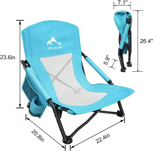 Miniatura 8 de Oileus Silla de playa baja para tienda de campaña/refugio/campamento/al aire libre/mochilero al aire libre, sillas reclinables plegables con soporte