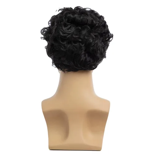 Miniatura 6 de Peluca negra corta y rizada para hombre, peluca sintética para cosplay, con gorra de peluca