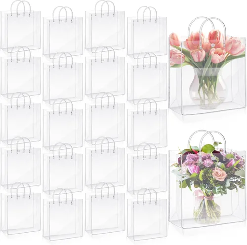 LEIFIDE 50 bolsas de regalo de plástico transparente con asas PVC reutilizables, bolsas de lona transparentes para golosinas, cumpleaños, fiesta
