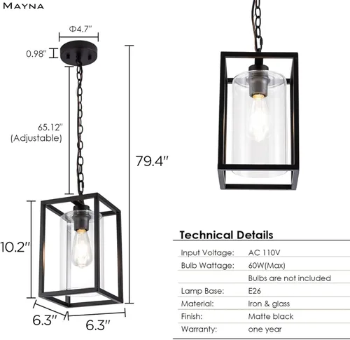 Miniatura 3 de MAYNA Lámpara colgante de granja de 1 luz, lámparas de jaula de metal negro con cadena ajustable y pantalla de vidrio, luces colgantes para isla