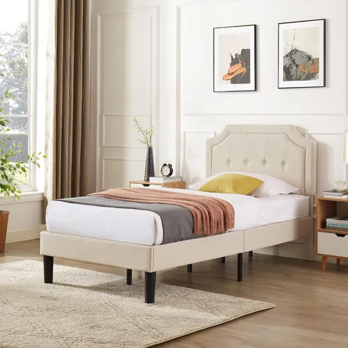 Miniatura 3 de VECELO Base de cama de plataforma de tamaño individual con cabecera tapizada de tela y soporte de listones de madera, no necesita somier/fácil Beige