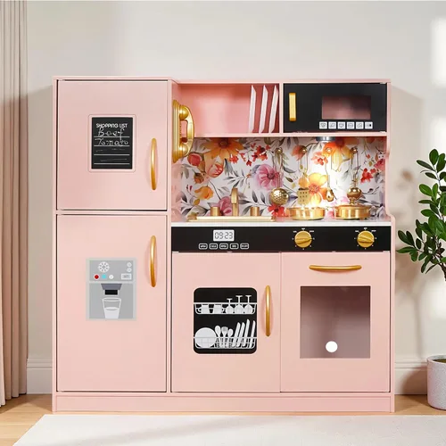 TOUCH US Juego de Cocina de Madera para Niños con Luz, Juego de Cocina de Juguete de Pretensión para Niños, Fregadero Juguete Horno con Microondas,