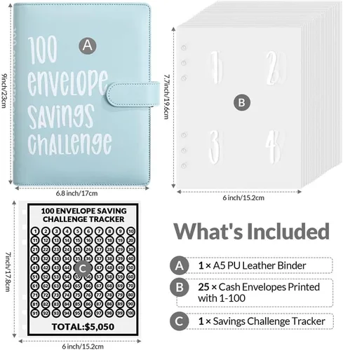 Miniatura 2 de Luweoxy Carpeta del Desafío de 100 Sobres para Ahorro de Dinero, Forma Fácil y Divertida de Ahorrar $5,050, Carpeta de Relleno de Efectivo A - azul