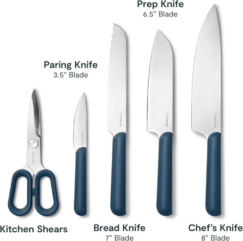 Miniatura 3 de Caraway Juego de 5 cuchillos de cocina alemanes de alta calidad con hoja de acero alemán, asas ergonómicas, sin microplásticos, color azul marino
