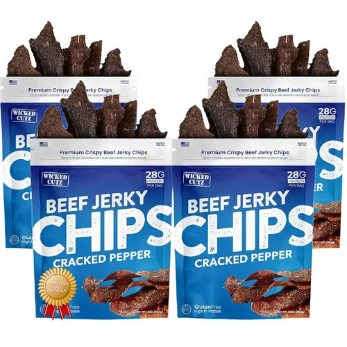 Miniatura 10 de Chips de carne seca de pimienta agrietada, 2 bolsas 0.99 oz de proteína por bolsa, solo 4 ingredientes – carne de res, sal marina, pimienta, agua