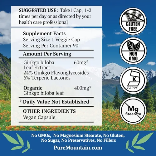 Miniatura 2 de Pure Mountain Botanicals Cápsulas de Ginkgo Biloba - 400 mg - 90 unidades - Hierbas orgánicas, veganas, kosher - Suplemento de hojas de hierbas
