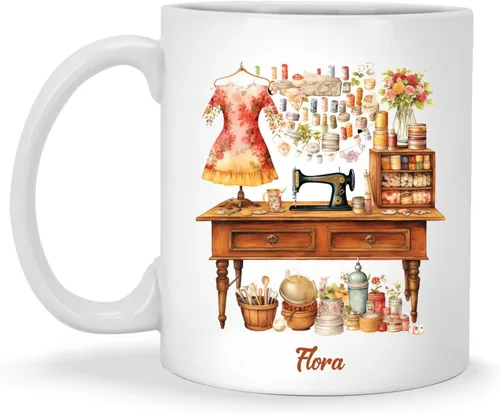 Miniatura 10 de Taza de café personalizada de pila de tela e hilos, Taza de máquina de coser, Taza de cerámica con nombre personalizado Regalos para amantes