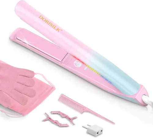 DORISILK Plancha de pelo de 470°F con luz colorida, plancha plana de doble voltaje para viajes a la UE, 1 pulgada, alisador y rizador de cerámica