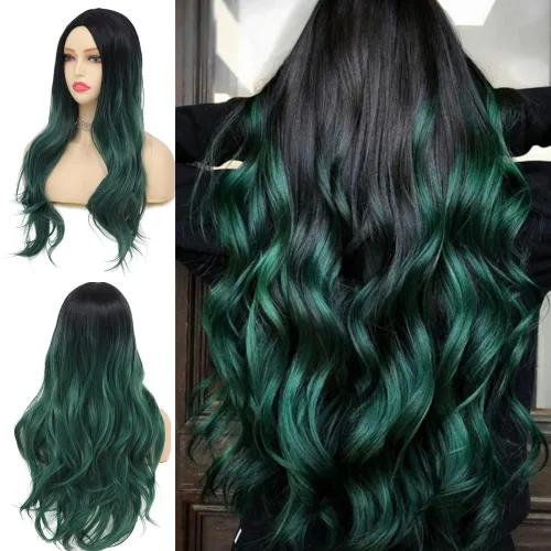 Miniatura 17 de Tseses Pelucas largas y onduladas de color azul degradado para mujer, pelucas de cabello sintético con raíces oscuras, cosplay, fiesta de Halloween