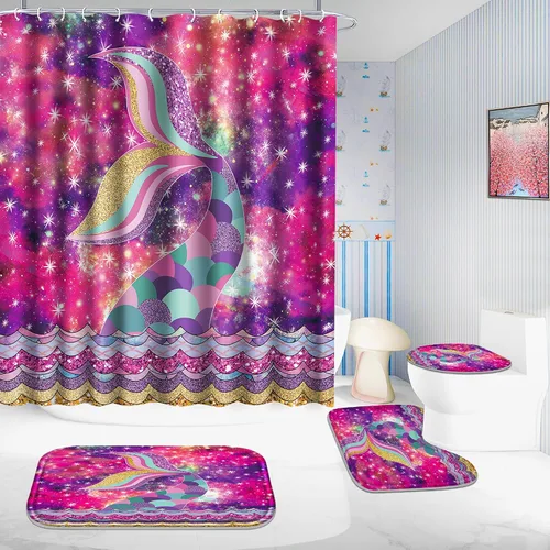 Miniatura 5 de Poedist Juego de 4 cortinas de ducha de baño, juego de baño para niños, juegos de cortinas de ducha espaciales con alfombras