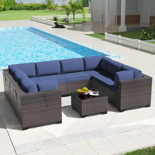 Miniatura 36 de Kullavik Juego de 13 muebles de patio al aire libre con mesa de fogata de gas propano de 43 pulgadas, 55000 BTU, mimbre de polietileno, sofá Arena