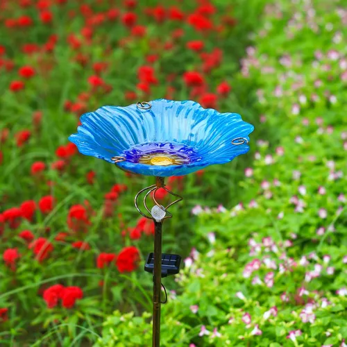 Homight Comedero de aves solar de cristal azul, arte de jardín, baño para pájaros al aire libre con estaca de metal con luz LED blanca, decoración