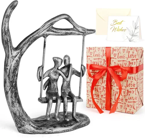 Miniatura 10 de Kresecioo Aniversario para pareja/ella, estatua de pareja cariñosa besándose debajo del paraguas, escultura de hierro fundido hecha a mano