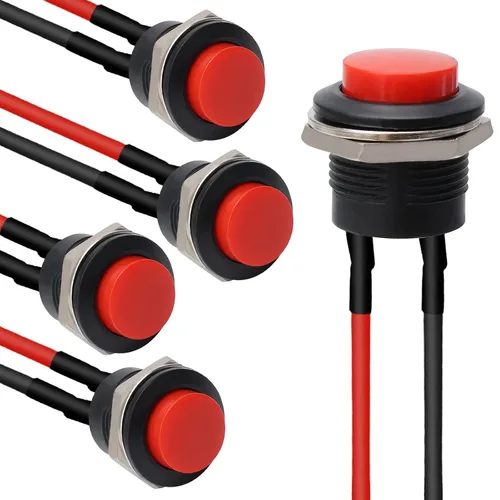 Miniatura 8 de STARELO 5 piezas de interruptor de botón momentáneo redondo de 16 mm SPST 3A AC250V/6A AC125V 2Pin 1NO con cable presoldado R13-507 (negro).