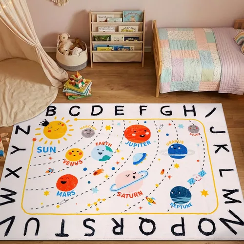 ABC Space - Alfombra para niños, 3 pies 3 pulgadas x 4 pies 11 pulgadas, antideslizante, alfabeto, alfombra lavable, alfombra de felpa suave
