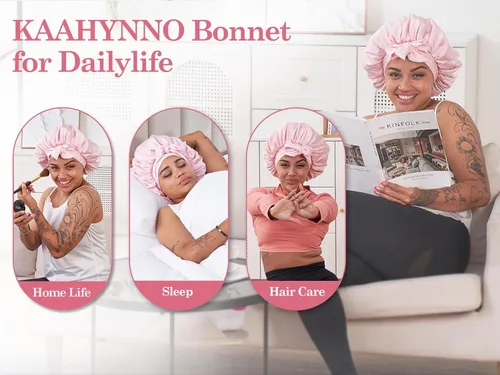 Miniatura 7 de Gorro de satén de seda con banda de amarre para dormir, para mujeres de cabello rizado: gorro de noche para cabello liso, ondulado, ensortijado, Rosa