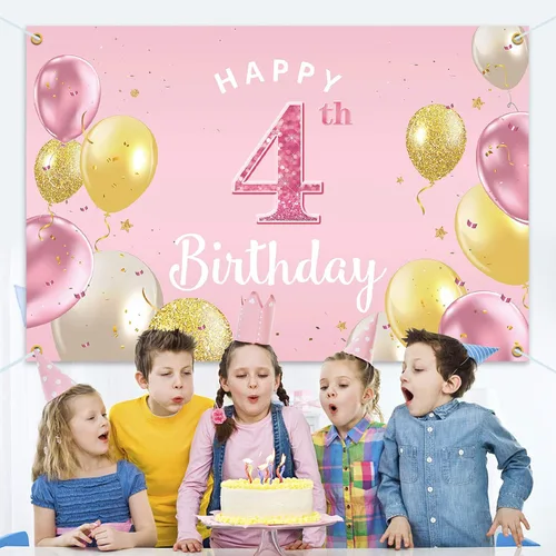 Miniatura 6 de Cartel de fondo de feliz 4º cumpleaños, suministros de decoración de fiesta de cumpleaños 4 para niñas, color rosa, 3.9 x 5.9 pies