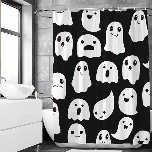 Miniatura 2 de Cortina de ducha fantasma de Halloween de 72 x 72 pulgadas, espeluznante y divertida, iconos de fantasmas de dibujos animados, tela blanca y negra, 1