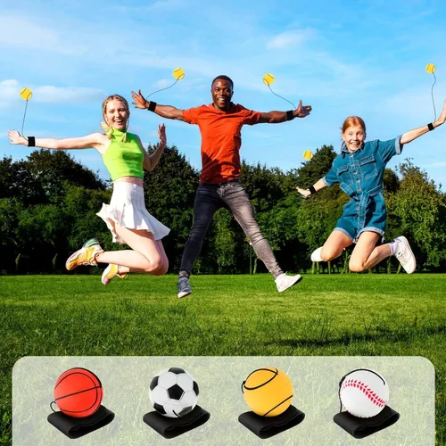 Miniatura 7 de 4 bolas de retorno de muñeca, pulsera de bola de rebote de goma de 2 pulgadas en una cuerda deportiva de muñeca, incluye baloncesto, béisbol