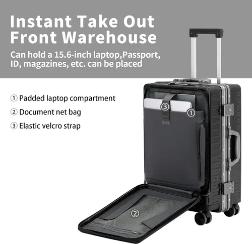 Miniatura 2 de Equipaje de mano aprobado por aerolíneas con compartimento para laptop, equipaje multifuncional de marco de aluminio de 20 pulgadas con puerto