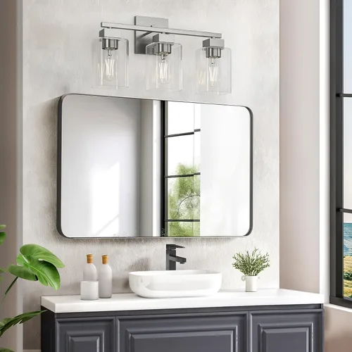 Miniatura 7 de Lámpara de tocador de baño de níquel cepillado, diseño cuadrado de 3 luces, certificación UL y luces cuadradas para baño sobre el espejo