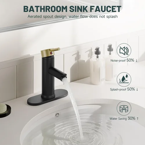 Miniatura 3 de Grifos de baño negros y dorados de 1 agujero, un solo mango, grifo de lavabo de baño moderno comercial con placa de cubierta, drenaje desplegable