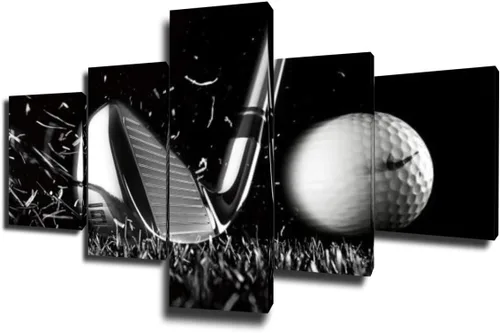 Miniatura 38 de Piezas de golf para decoración de pared, pinturas en blanco y negro, arte de pared para sala de estar, golf, deportes, obras de arte de 5 piezas