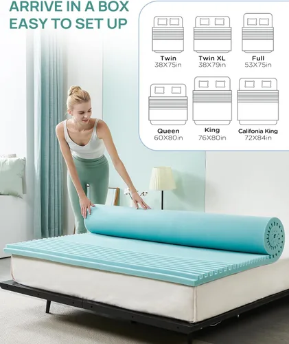 Miniatura 6 de Releep Cubrecolchón de espuma viscoelástica con gel refrescante de 2 pulgadas tamaño King, Cubrecolchón de cama de 5 zonas para alivio del dolor