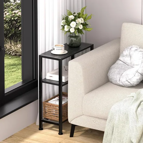 Miniatura 5 de Mesa auxiliar estrecha para espacios pequeños, mesa auxiliar pequeña de 2 niveles con soporte para estantes, mesita de noche delgada, mesa de sofá
