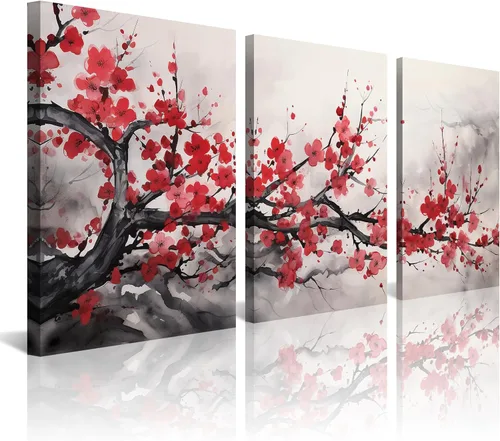 Miniatura 10 de Arte de Pared de Acuarela de Estilo Asiático Tradicional Chino Pájaro en Rama de Flor de Cerezo Roja Decoración Paisaje Floral Oriental Pintura