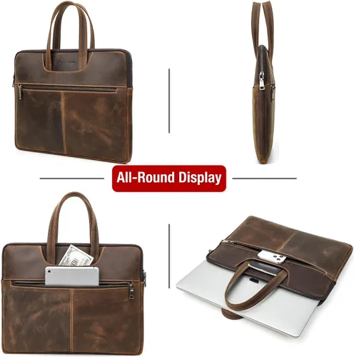 Miniatura 7 de Top Grain Leather - Maletín delgado para laptop de 15.4 pulgadas, diseño vintage con 5 bolsillos, hecho a mano, compatible con MacBook Pro/Air de 5