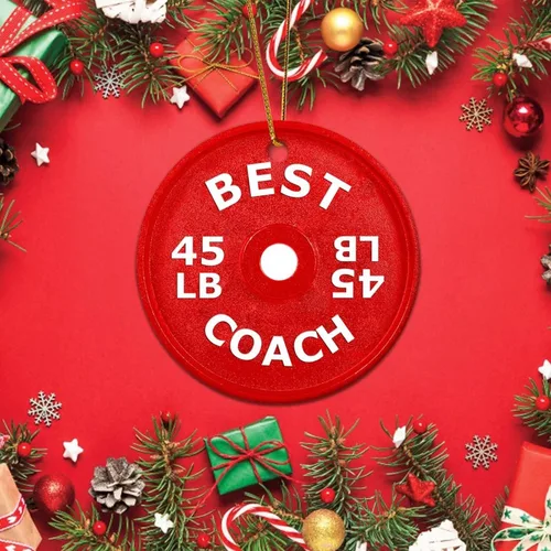 Miniatura 5 de Adorno redondo de cerámica colgante de Navidad divertido gimnasio con mancuernas decorativas para colgar recuerdos navideños personalizables