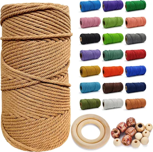 Miniatura 64 de Cuerda de Algodón 8mm x 20 Yardas - Cuerda de Macramé Natural Sin Blanquear - Cuerda de Algodón Trenzada de 3 Hilos para Colgar en la Pared, Blanco