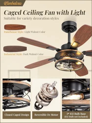 Miniatura 3 de Fanbulous - Ventilador de techo de granja con luz y control remoto, ventiladores de techo industriales enjaulados con motor reversible de 6 Negro