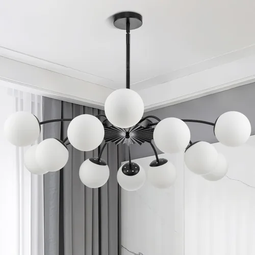 Miniatura 17 de Lámpara de araña Sputnik de 12 luces, color negro con burbujas de vidrio de leche Luces de techo semi empotradas, acento de flor, Art Deco