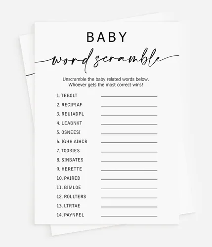 All Ewired Up Juego de 50 palabras para baby shower (50 cartas), divertido juego de baby shower, género neutro para niño o niña, minimalista