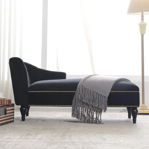 Miniatura 3 de Tumbona de terciopelo de 58 pulgadas, sillón con brazos copetudos con botones y ribete de cabeza de clavo y patas de madera maciza para sala