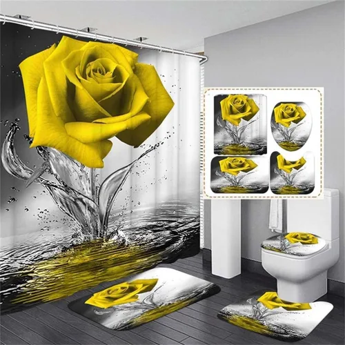 Miniatura 10 de Juego de baño Blue Rose con cortina de ducha y alfombras antideslizantes, tapete de baño, cubierta para tapa de inodoro y 12 ganchos fuertes