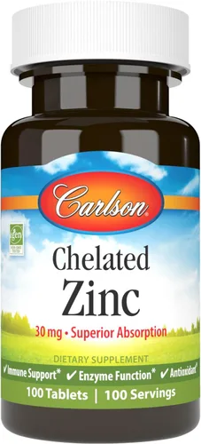 Carlson - Zinc quelado, 30 mg - Absorción superior, apoyo inmunológico y función enzimática, antioxidante, 100 tabletas