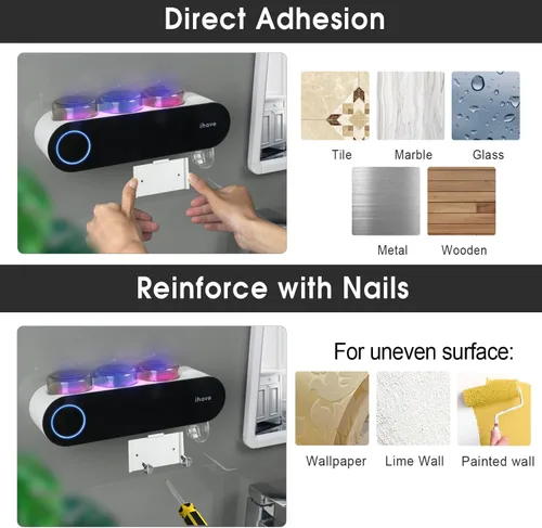 Miniatura 7 de iHave Soportes para cepillos de dientes eléctricos de pared con 3 vasos, esterilizador UV, dispensador de pasta dental, accesorios y decoración
