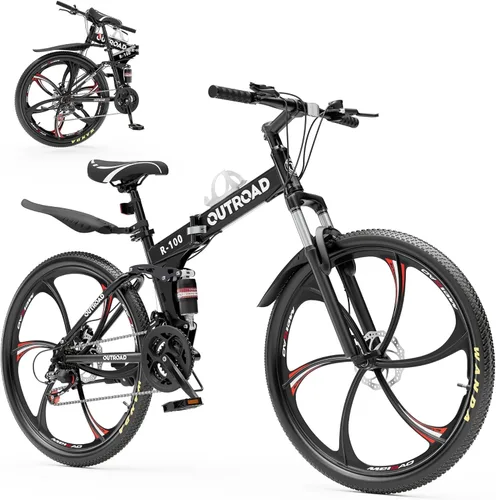 Miniatura 10 de Max4out Bicicleta de montaña plegable de 26 pulgadas, bicicleta de suspensión completa de 21 velocidades, freno de doble disco, neumático