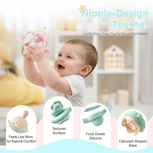 Miniatura 3 de Juguetes sensoriales Montessori para bebés, mordedores de silicona para bebés de 3 a 6 a 12 meses, regalos para recién nacidos, niños y niñas (rosa)