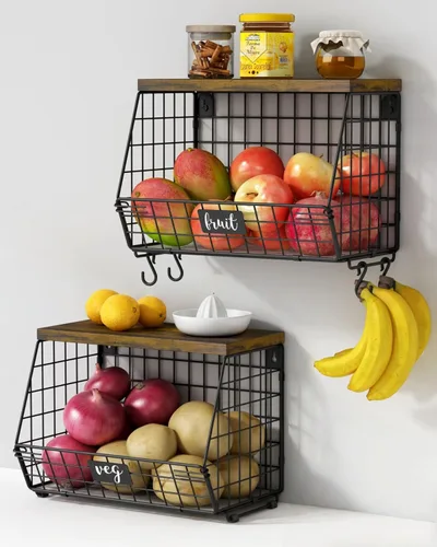 Goozii - 2 paquetes de cestas de frutas colgantes de pared para encimera de cocina, cestas de alambre apilables para organizar con tapa de madera,