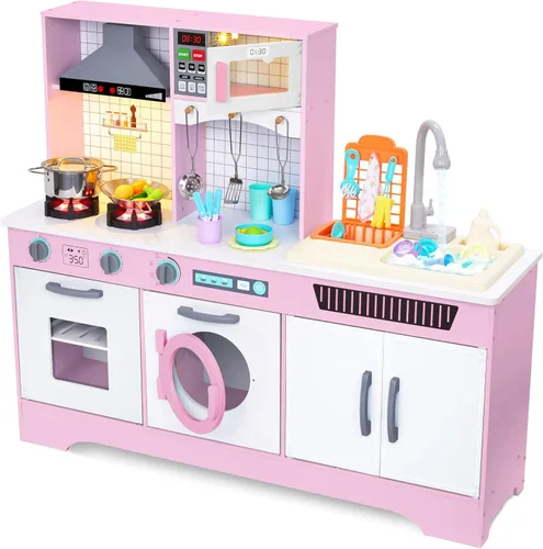 Lil' Jumbl Cocina de madera para niños con fregadero de agua corriente real, juego de cocina interactivo con microondas, estufa, luces y sonidos Rosa