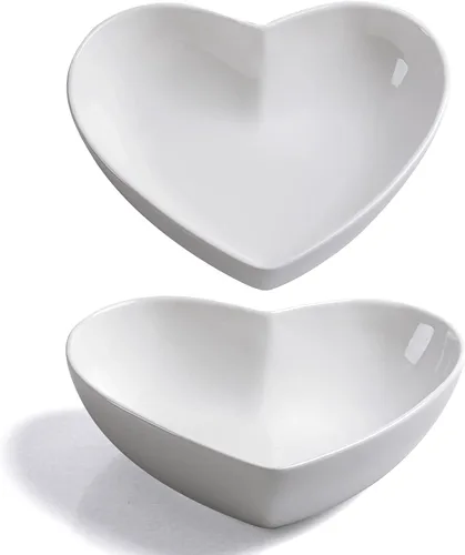 Cuencos de porcelana con forma de corazón, 2 unidades, color blanco, cuencos de postre/ensalada de 7 pulgadas, 20 onzas