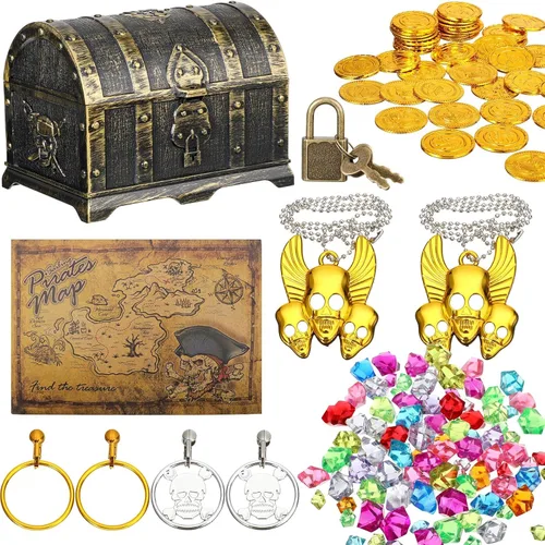 Enhon Caja de juguetes de cofre del tesoro pirata de 147 piezas con cerradura y 1 mapa del tesoro, 100 gemas coloridas, 40 monedas de pirata, 4