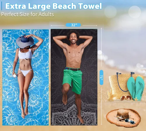 Miniatura 3 de Paquete de 2 toallas de playa ligeras y delgadas de gran tamaño de 71 x 32 pulgadas, toallas grandes de microfibra extra grandes sin arena