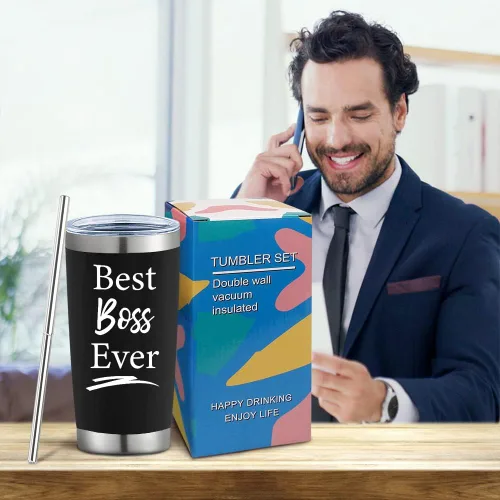 Miniatura 4 de Regalos para jefes para hombres y mujeres, vaso de vino negro de 20 onzas con tapa y pajilla, perfecto para regalos del día del jefe, Navidad